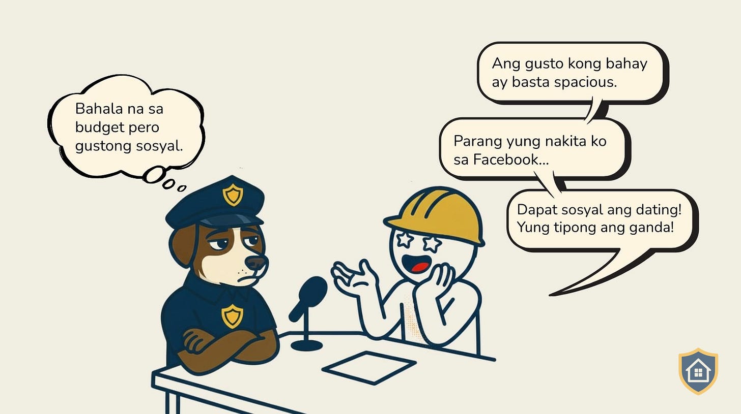 Inspector Milo interviewing Kapwa Homeowner showing red flags: vague spacious house plan, Facebook inspiration, building for sosyal appearance. Milo thinks “Bahala na sa budget pero gustong sosyal.”