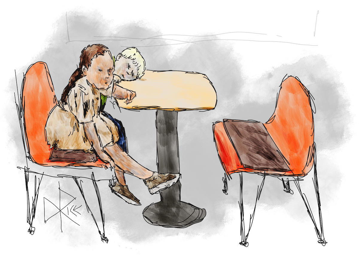 Seated in a booth at a fast-food restaurant, waiting for their mother to return with food, a young boy rests his head on the tabletop in exasperation as his sister excitedly swings her legs under the table. Sketch art by Don Rice. Seated in a booth at a fast-food restaurant, waiting for their mother to return with food, a young boy rests his head on the tabletop in exasperation as his sister excitedly swings her legs under the table. Sketch art by Don Rice.