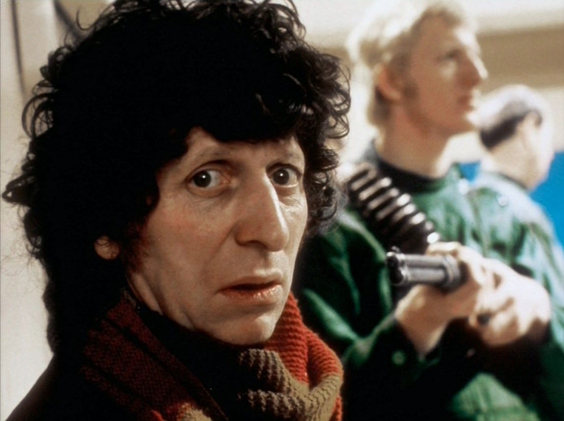 The Doctor held at gunpoint in the Thal control room in Genesis of the Daleks (1975)