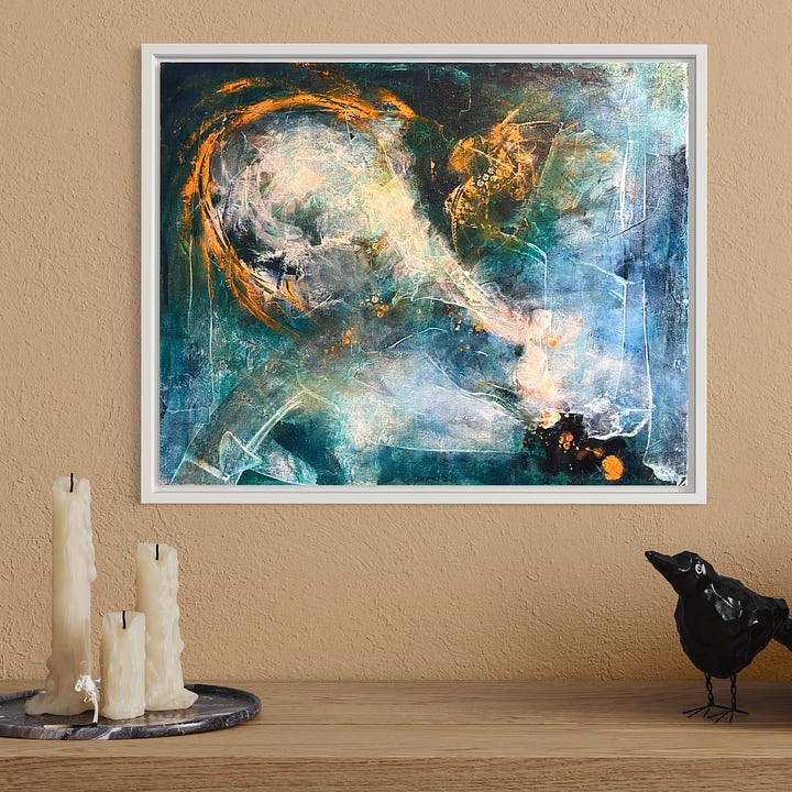 Vibrant, colourful abstract painting rich in blues and orange