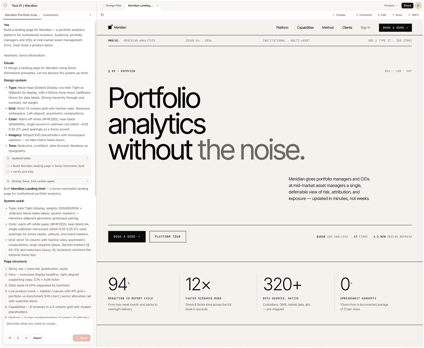 Claude Design Swiss Minimalism output: Meridian portfolio analytics landing page   with the headline "Portfolio analytics without the noise."