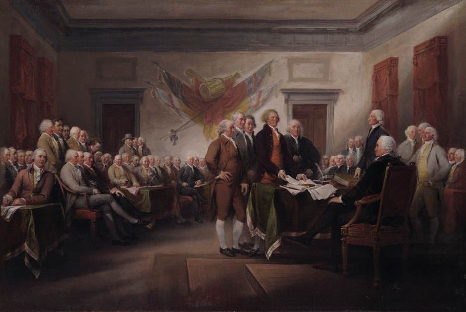A painting of the signing of the Declaration of Independence by John Trumbull
