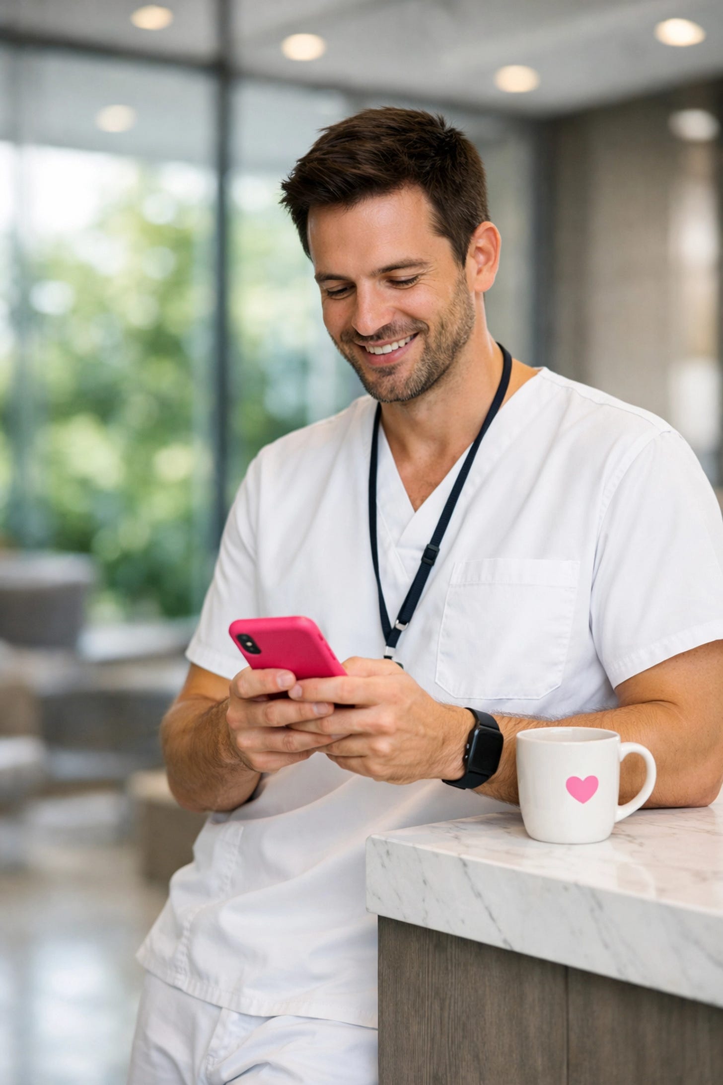 A nurse in white scrubs relaxes during a break, checking his phone for PTO and career growth updates. A nurse in white scrubs relaxes during a break, checking his phone for PTO and career growth updates.