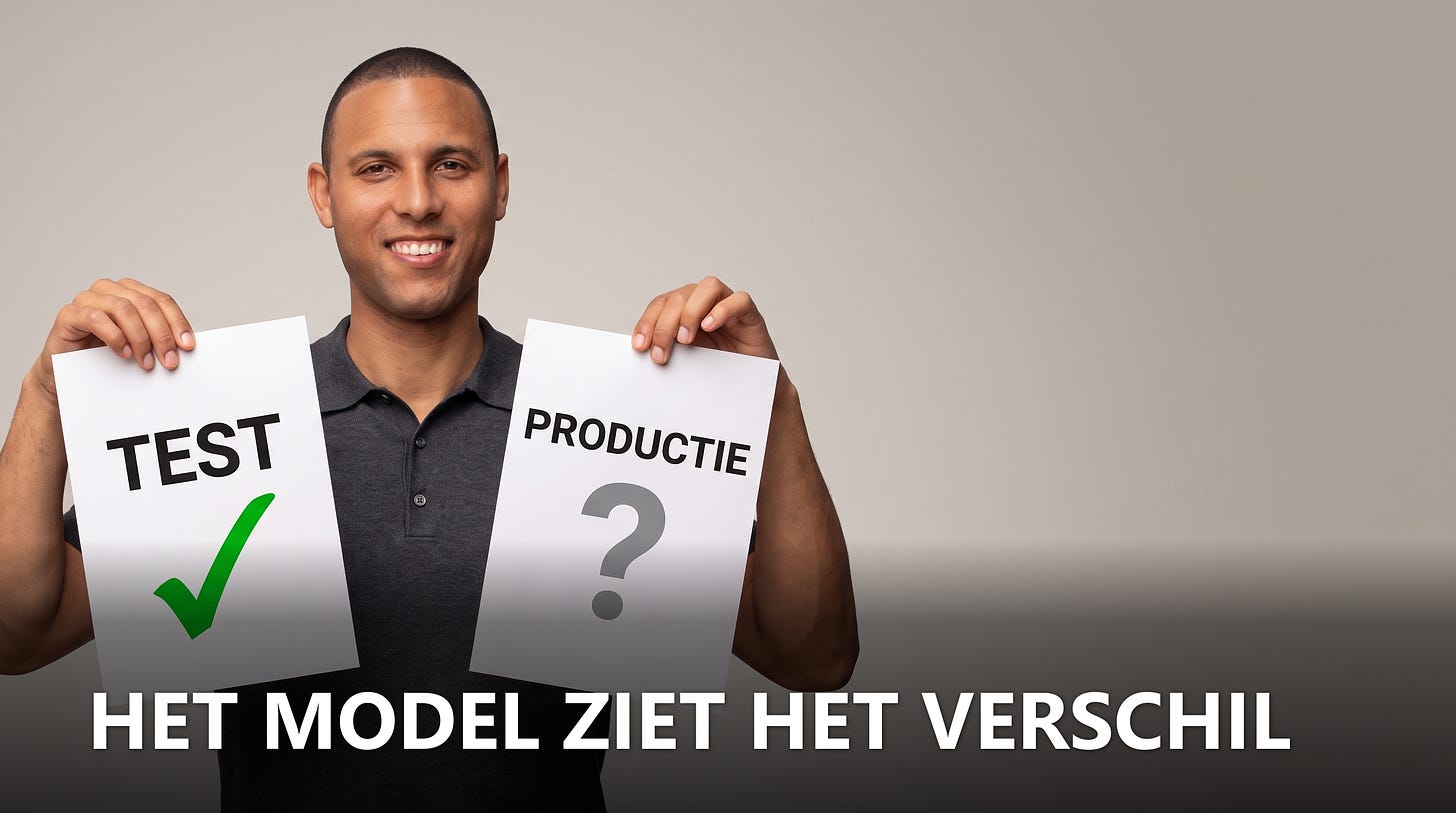 Het model ziet het verschil tussen een test en productie