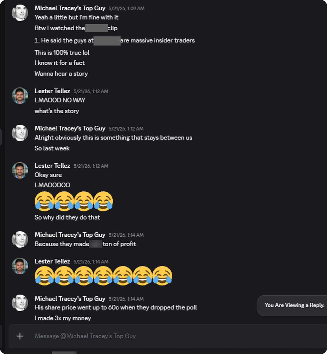 Tellez Exhibit F, May 21, 2026, 1:09 to 1:14 AM. Names redacted by Tellez Tellez Exhibit F, May 21, 2026, 1:09 to 1:14 AM. Names redacted by Tellez