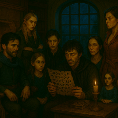 In the study of Argynvostholt, eight companions gather amid faded grandeur and flickering firelight. Fleetwood stands near a cracked stained glass window, tall and broad-shouldered, his angular features half-shadowed, dark hair swept back, deep-set eyes gleaming with quiet intensity. He wears charcoal and navy fabrics with silver filigree accents. Clarion, a solemn human woman with angular features and long black waves, stands near the hearth, her presence reverent and commanding. Greegan, a wiry human rogue with tousled blond hair and a thoughtful, wry expression, leans against a desk, his arm bandaged. Felonious stands half in shadow, slender and enigmatic, tousled dark hair and large expressive eyes catching the candlelight, his layered robes rippling with arcane shimmer. Silverleaf kneels beside a broken statue, her silvery-blonde hair glowing in the moonlight, expressive eyes full of empathy, her elven features delicate and luminous. Ireena, with her trademark red hair and warm, resolute expression, stands close to Greegan, her burgundy cloak glowing in the firelight. Arabelle, petite and graceful, sits cross-legged on a cushioned bench near the hearth, her chestnut hair in soft waves and wide luminous eyes watching Clarion with quiet intensity. She wears flowing pale rose and ivory fabrics with silver filigree accents. Ezmerelda d’Avenir stands near the door, fierce and confident, her traveling leathers and rapier gleaming. The study’s dark wood paneling, ancient tomes, and faded tapestries surround them, illuminated by moonlight and flickering firelight. The atmosphere is tense, reverent, and filled with quiet resolve. In the study of Argynvostholt, eight companions gather amid faded grandeur and flickering firelight. Fleetwood stands near a cracked stained glass window, tall and broad-shouldered, his angular features half-shadowed, dark hair swept back, deep-set eyes gleaming with quiet intensity. He wears charcoal and navy fabrics with silver filigree accents. Clarion, a solemn human woman with angular features and long black waves, stands near the hearth, her presence reverent and commanding. Greegan, a wiry human rogue with tousled blond hair and a thoughtful, wry expression, leans against a desk, his arm bandaged. Felonious stands half in shadow, slender and enigmatic, tousled dark hair and large expressive eyes catching the candlelight, his layered robes rippling with arcane shimmer. Silverleaf kneels beside a broken statue, her silvery-blonde hair glowing in the moonlight, expressive eyes full of empathy, her elven features delicate and luminous. Ireena, with her trademark red hair and warm, resolute expression, stands close to Greegan, her burgundy cloak glowing in the firelight. Arabelle, petite and graceful, sits cross-legged on a cushioned bench near the hearth, her chestnut hair in soft waves and wide luminous eyes watching Clarion with quiet intensity. She wears flowing pale rose and ivory fabrics with silver filigree accents. Ezmerelda d’Avenir stands near the door, fierce and confident, her traveling leathers and rapier gleaming. The study’s dark wood paneling, ancient tomes, and faded tapestries surround them, illuminated by moonlight and flickering firelight. The atmosphere is tense, reverent, and filled with quiet resolve.