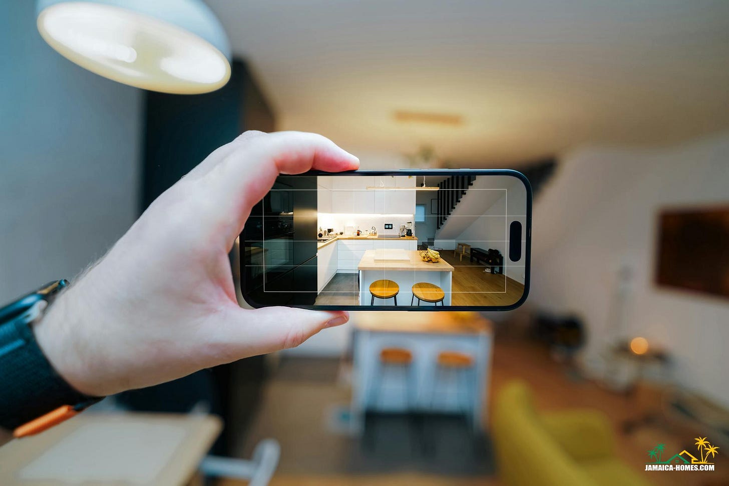 smartphone capturing modern kitchen interior