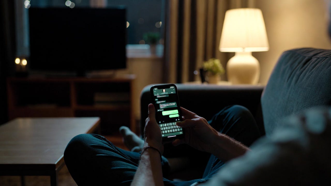 A person sits on a couch at night, holding a phone with a chat conversation, in a dimly lit room. A person sits on a couch at night, holding a phone with a chat conversation, in a dimly lit room.