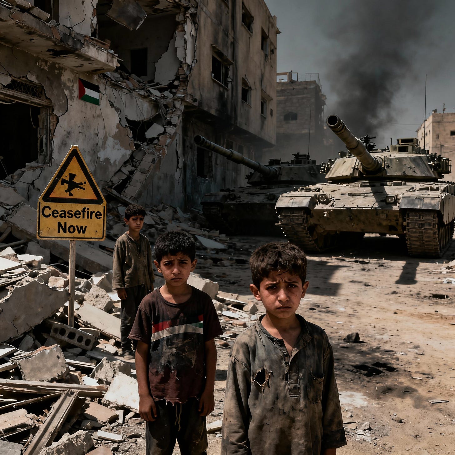 A powerful image depicting Gaza destruction, ceasefire warnings, and Palestinian children under threat.