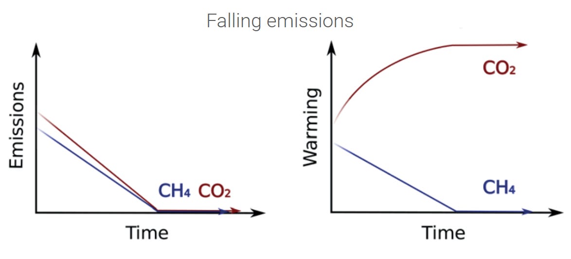 Image: Simplified diagram contrasting the temperature effects of reducing methane emissions vs reducing CO2 emissions. Image: Simplified diagram contrasting the temperature effects of reducing methane emissions vs reducing CO2 emissions.