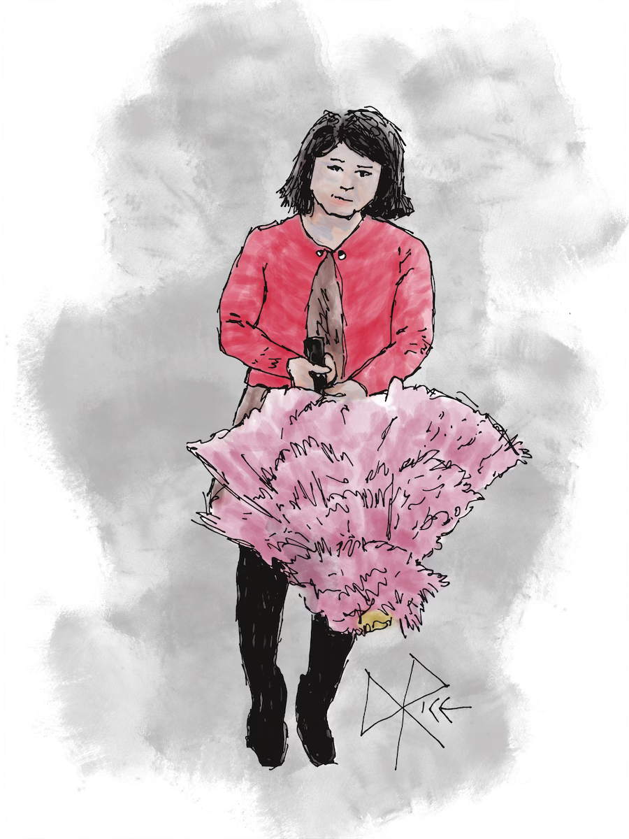 A woman in a red sweater holds a lowered ornamental pink feathered umbrella in both hands. Sketch art by Don Rice.
