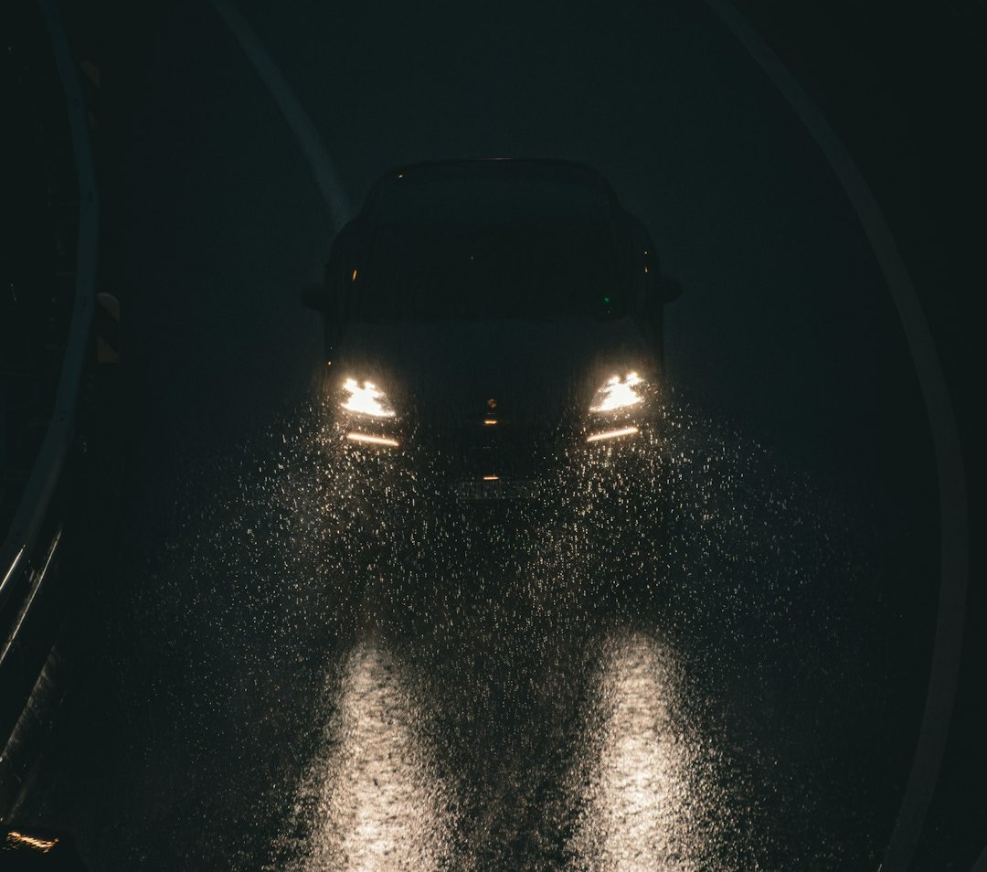 Car headlights illuminate a wet road at night
