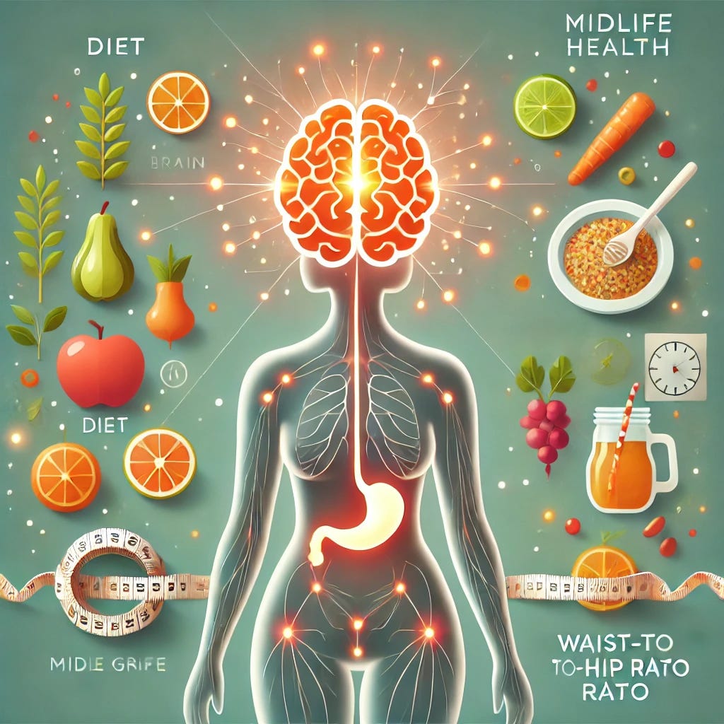 A clean, modern, and professional medical illustration representing midlife brain health and the impact of diet and waist-to-hip ratio. The image features a simplified human figure (gender-neutral, midlife age) with a glowing brain connected symbolically to healthy food icons (like leafy greens, fruits, whole grains) and a stylized waistline measurement (tape or silhouette). Use warm, positive colors such as soft oranges, light reds, and yellows to evoke optimism and cognitive vitality. Include visual metaphors like neural pathways or brain waves to indicate improved brain function. Avoid text or unsettling features, and maintain a warm, approachable aesthetic.
