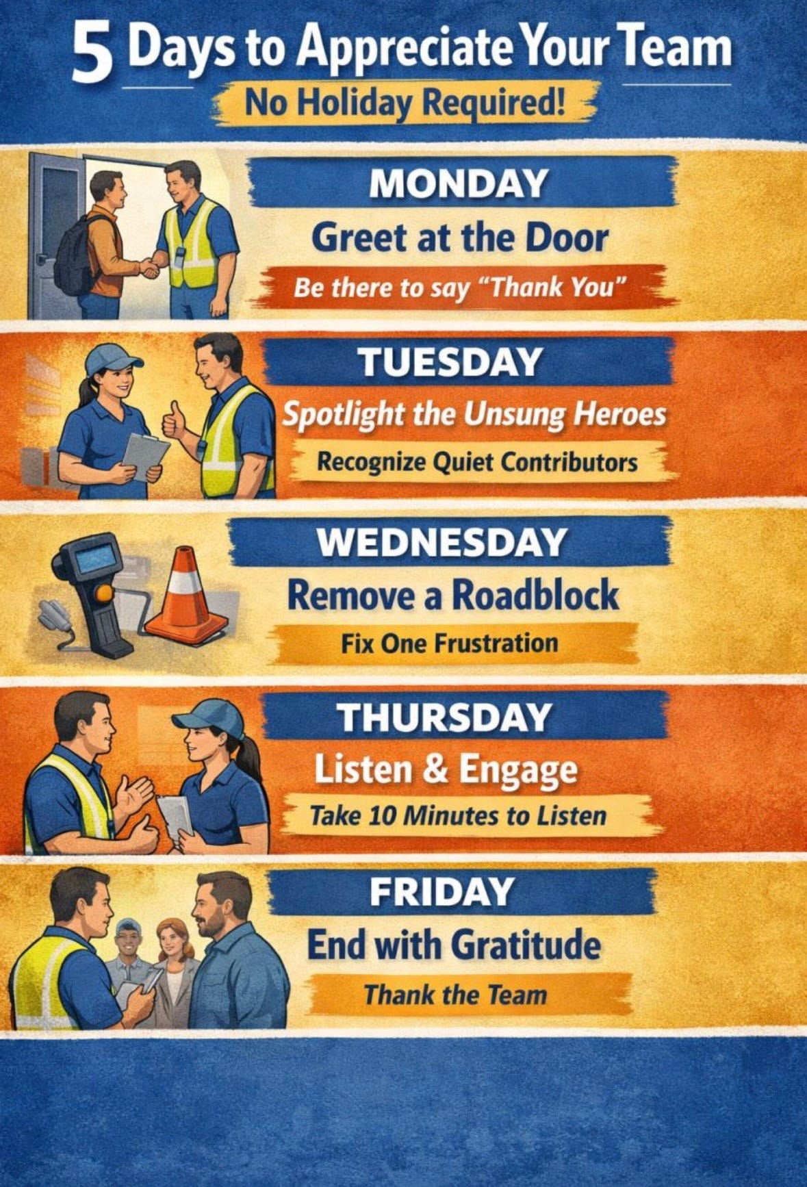 An infographic titled '5 Days to Appreciate Your Team, No Holiday Required!' outlining a daily leadership framework: Monday: Greet at the Door. Tuesday: Spotlight the Unsung Heroes. Wednesday: Remove a Roadblock. Thursday: Listen & Engage. Friday: End with Gratitude. An infographic titled '5 Days to Appreciate Your Team, No Holiday Required!' outlining a daily leadership framework: Monday: Greet at the Door. Tuesday: Spotlight the Unsung Heroes. Wednesday: Remove a Roadblock. Thursday: Listen & Engage. Friday: End with Gratitude.