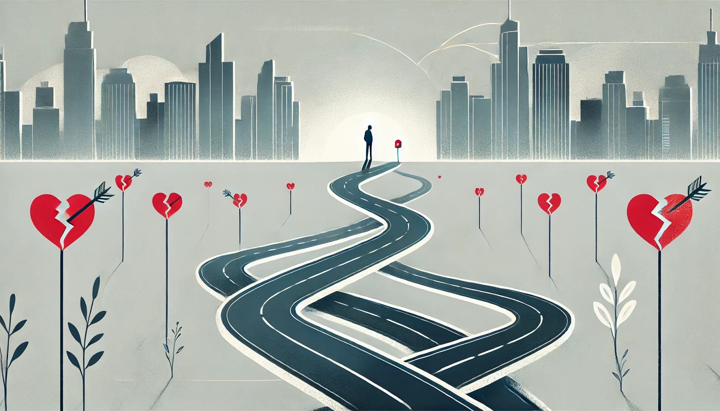A minimalist and conceptual illustration representing dating rejection due to life circumstances. The image features a grayscale city skyline in the background with a winding road in the foreground. Along the road are scattered small red broken hearts, symbolizing missed connections. A single silhouette stands at a crossroads, facing away, as if making a choice. The design includes subtle abstract lines branching off the road, symbolizing diverging life paths. The color palette includes muted grays and blues with red as the accent color for the hearts. The mood is reflective and wistful, emphasizing the impact of timing and circumstances in modern dating.