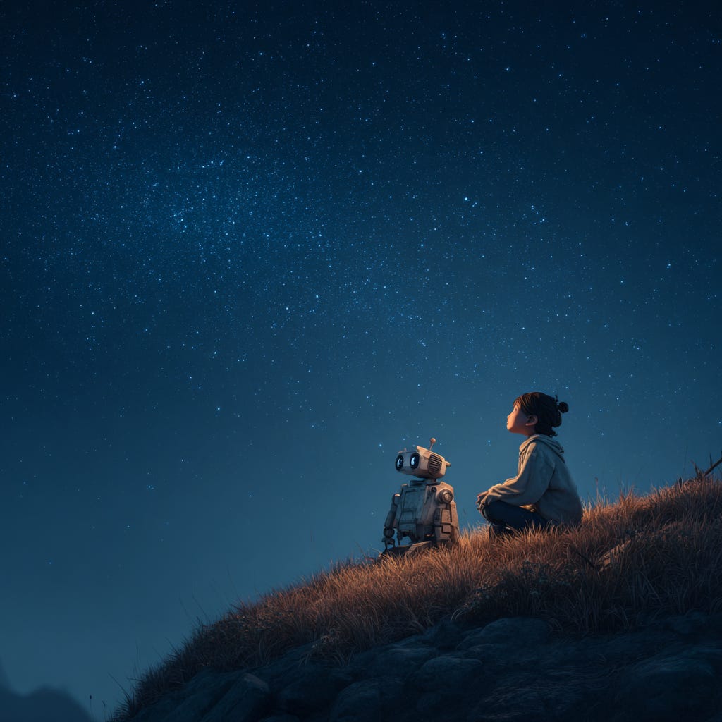 A young woman and a cute robot are sitting on hill. They are staring at the stars in the night sky. They are trying to see a pattern in those stars