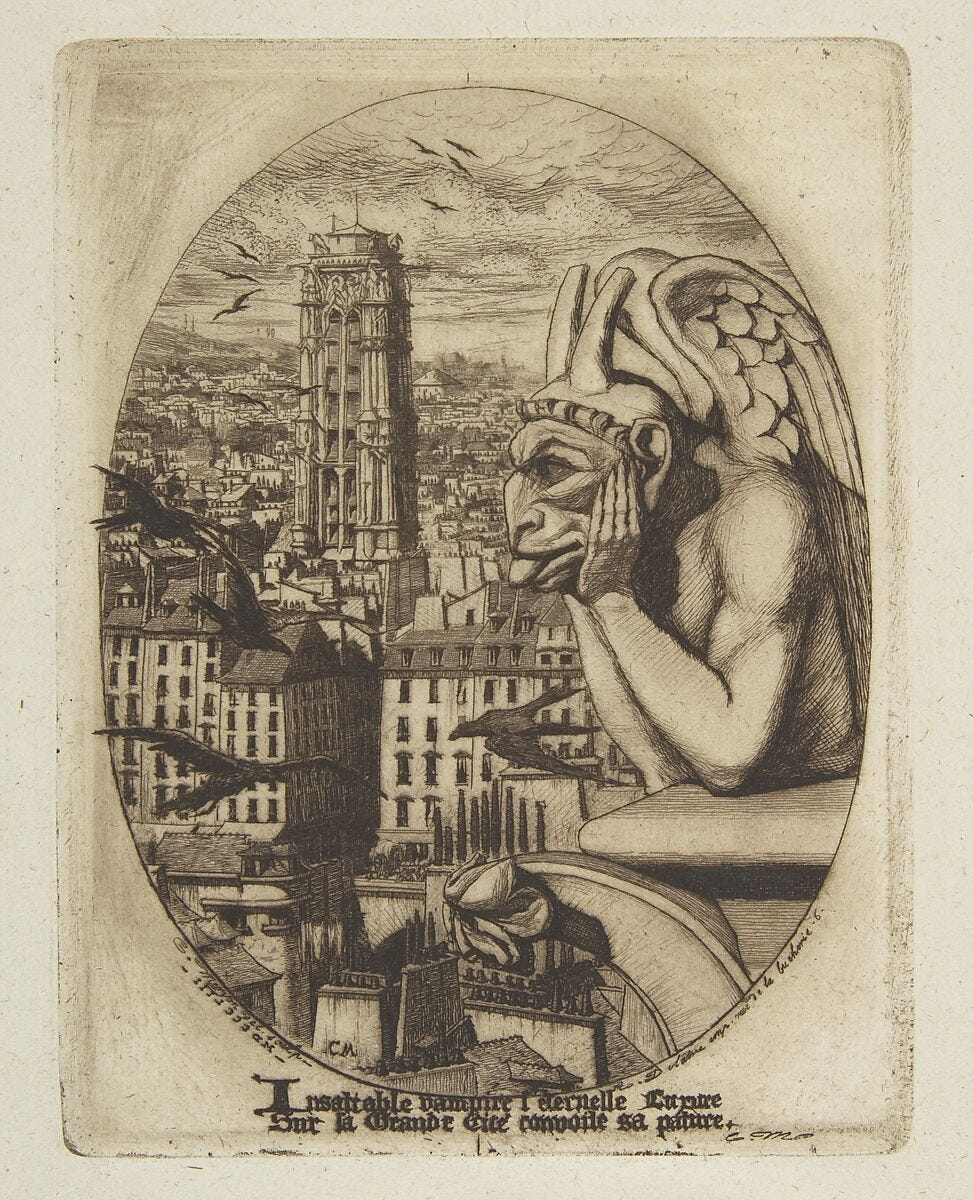 Etching in brown ink of a stone gargoyle in the foreground overlooking the city of Paris, France as crows fly around.