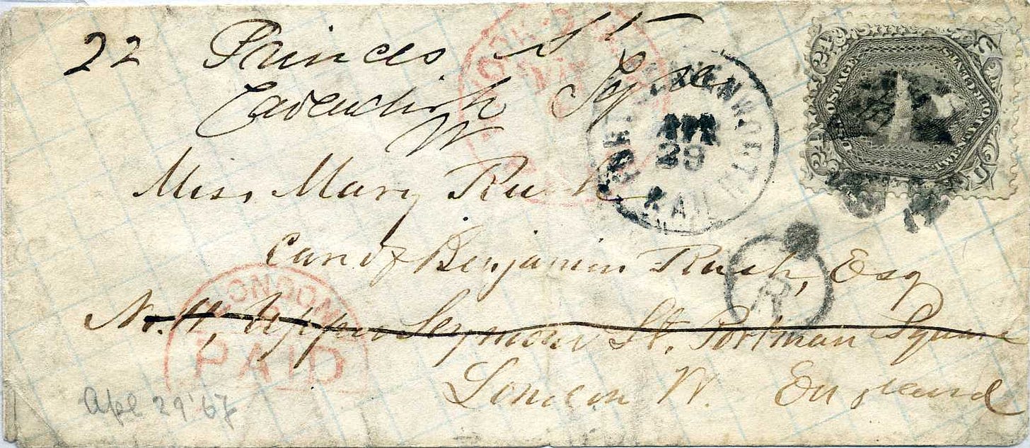 1867 cover to London from Fort Leavenworth, Kansas