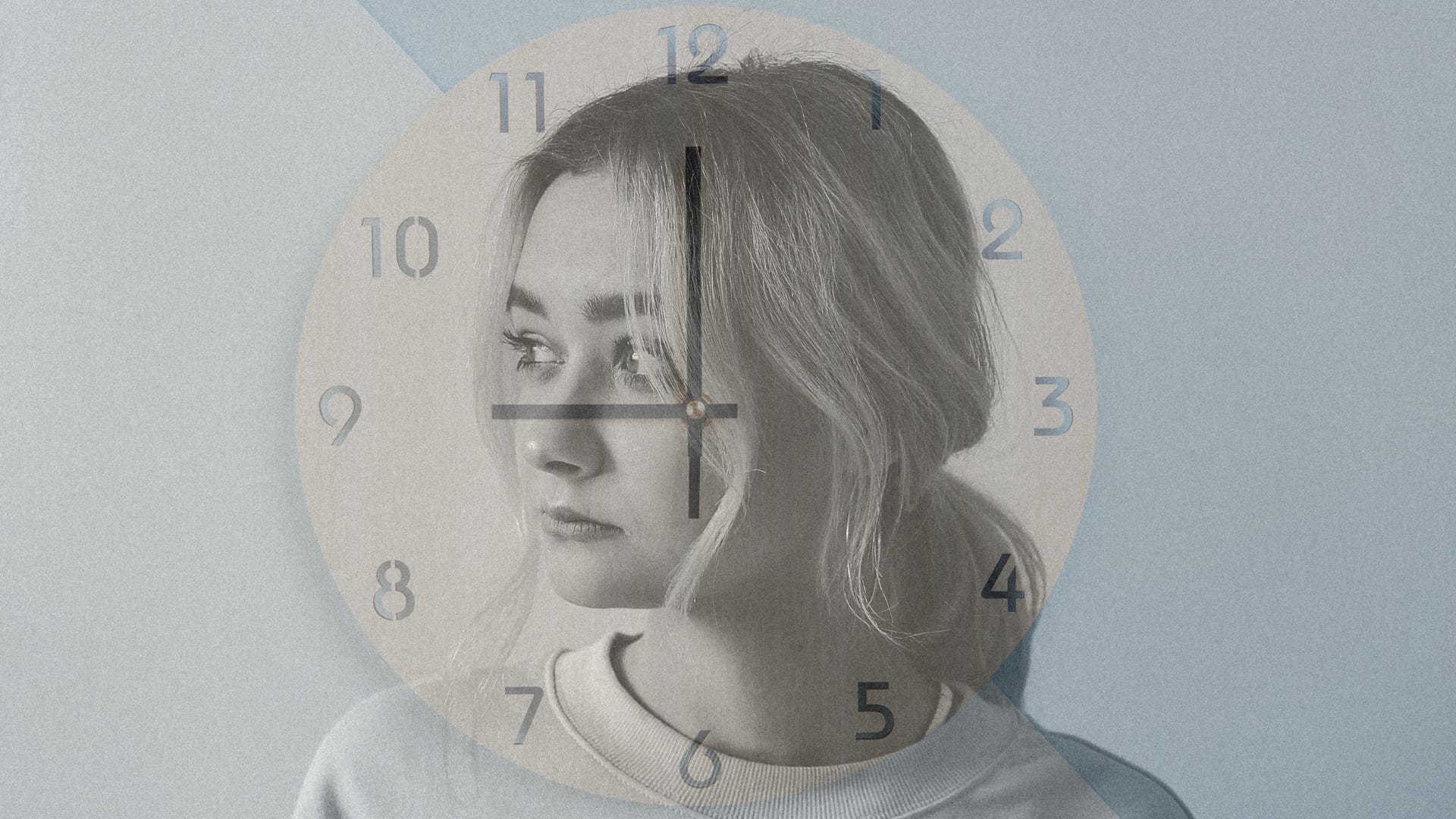 girl's sad face superimposed over a clock face