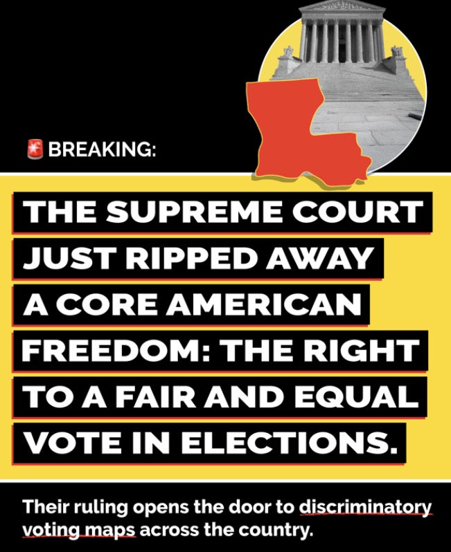 Breaking: The Supreme Court just ripped away a core american freedom. The ruling opens the door to disciminatory voting maps across the country.