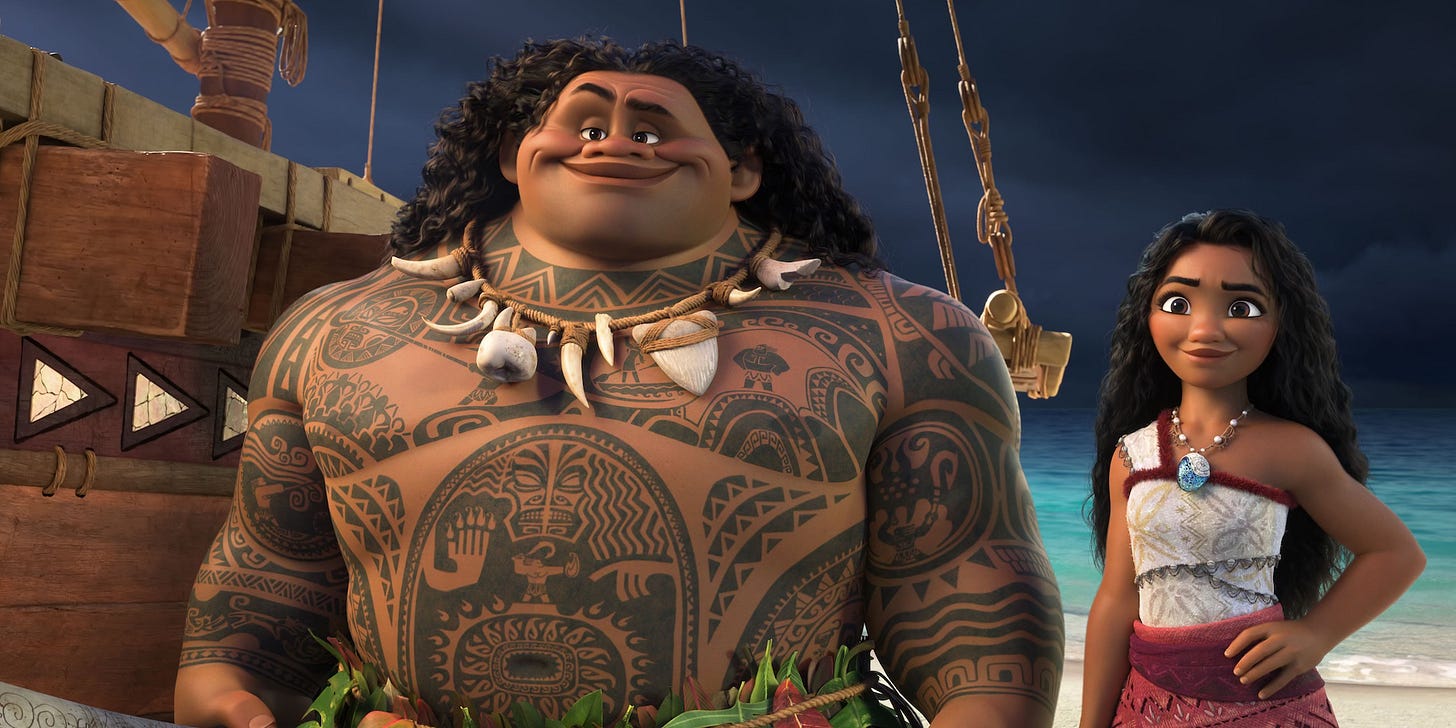 Maui (Dwayne Johnson) and Moana (Auli’I Cravalho) in Moana 2 