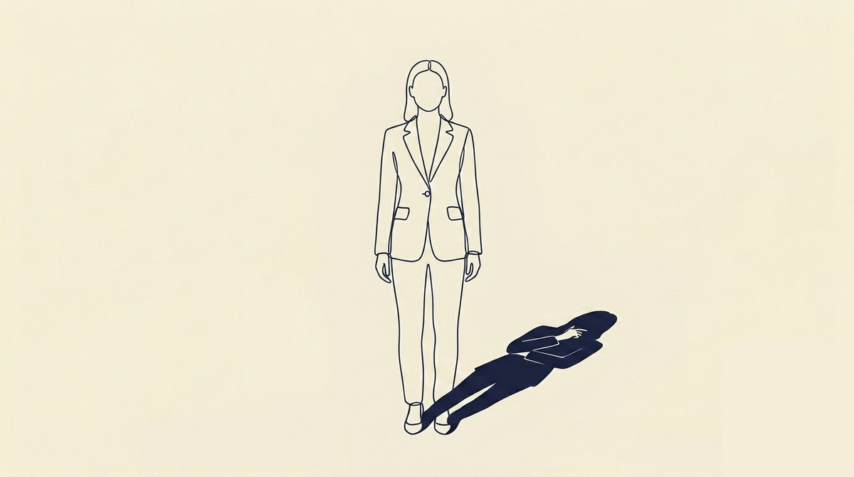 Being Betrayed Is an Event - A single figure stands in composed, upright posture, the controlled bearing of a leader who is managing something privately. Their shadow falls forward and slightly to one side on the ground. But the shadow does not match the figure's posture. Where the figure stands straight and still, the shadow shows a form turned inward, one arm crossed over the chest, the other hand raised toward the face, the posture of someone absorbing a realization they have not yet allowed themselves to show. The figure and their shadow are the same person. One is performing. One is not.