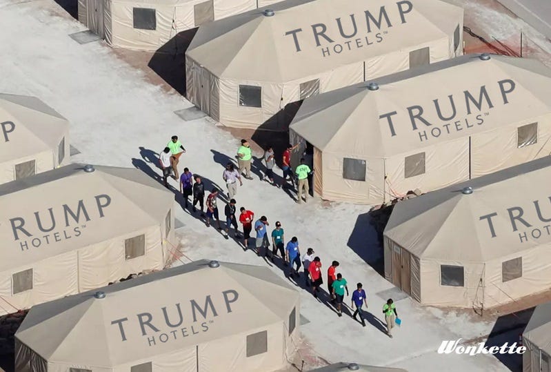 Aerial view of tents at detention camp for children during Trump's first term; the 'Trump Hotels' logo has been photoshopped onto the roofs of the tents Aerial view of tents at detention camp for children during Trump's first term; the 'Trump Hotels' logo has been photoshopped onto the roofs of the tents