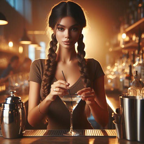 A photorealistic image of a woman with two long braids behind a bar making a martini Medium shot: Canon EF 24-70mm f/2.8L II USM lens on a Canon EOS 5D Mark IV camera shot by professional photographer, candid shot, warm lighting