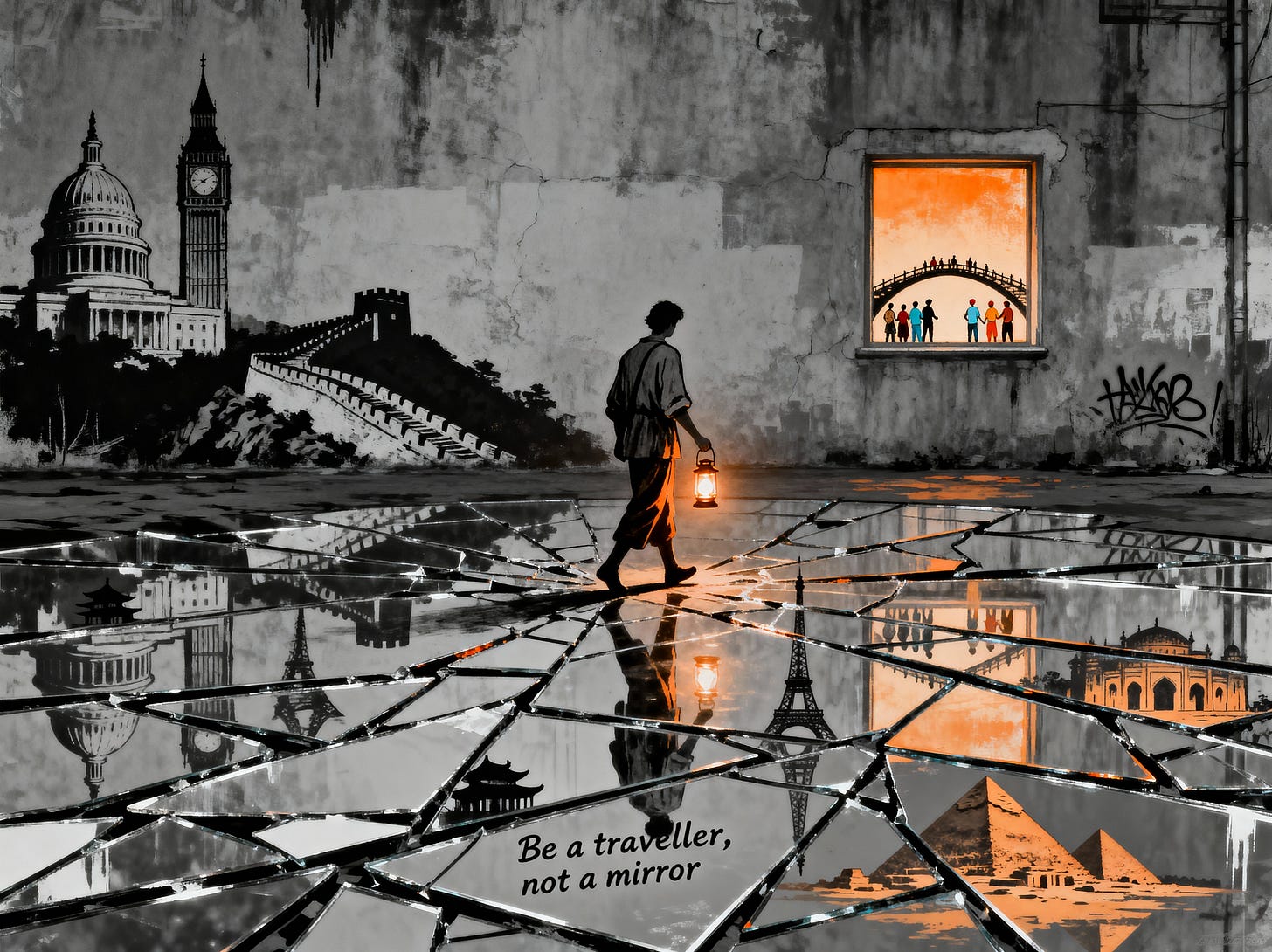 A person walking on a cracked floor with a lantern

AI-generated content may be incorrect.