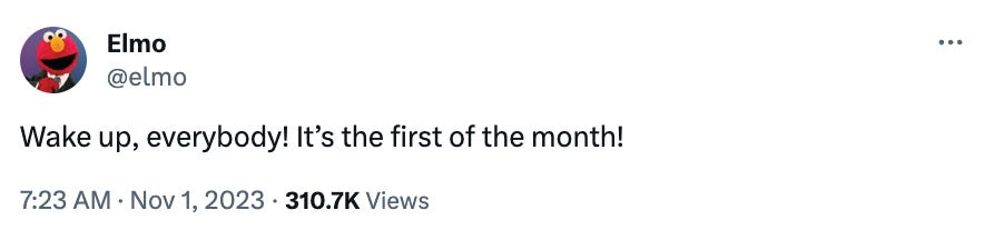 Tweet from Elmo that says "Wake up, everybody! It’s the first of the month!"