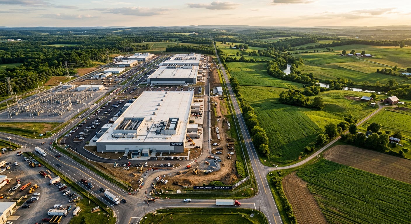 An aerial view of a large modern data center and electrical substation facility bordering green agricultural farmland and rural houses at sunset. An aerial view of a large modern data center and electrical substation facility bordering green agricultural farmland and rural houses at sunset.
