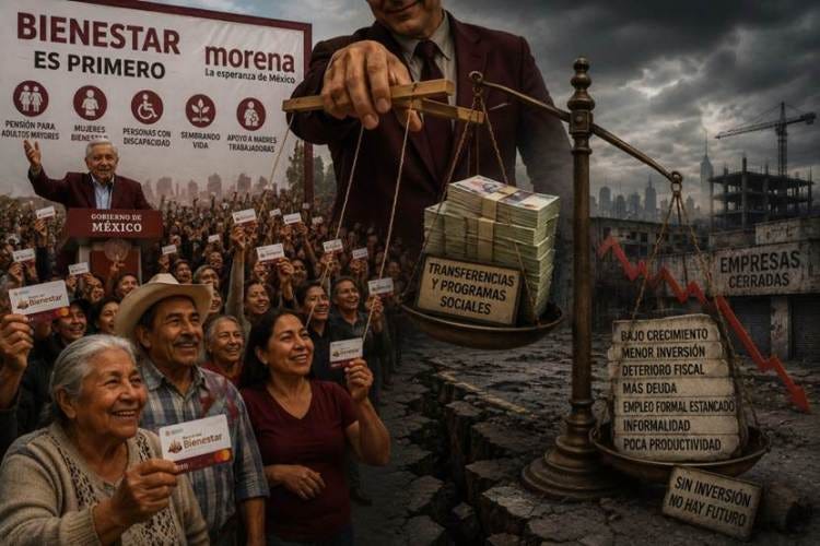 Grupo de personas sonriendo y sosteniendo tarjetas de 'Bienestar', mientras un orador da un discurso. Detrás, un cartel que dice 'Bienestar es Primero' y una balanza que muestra dinero y textos sobre programas sociales y problemas económicos.
