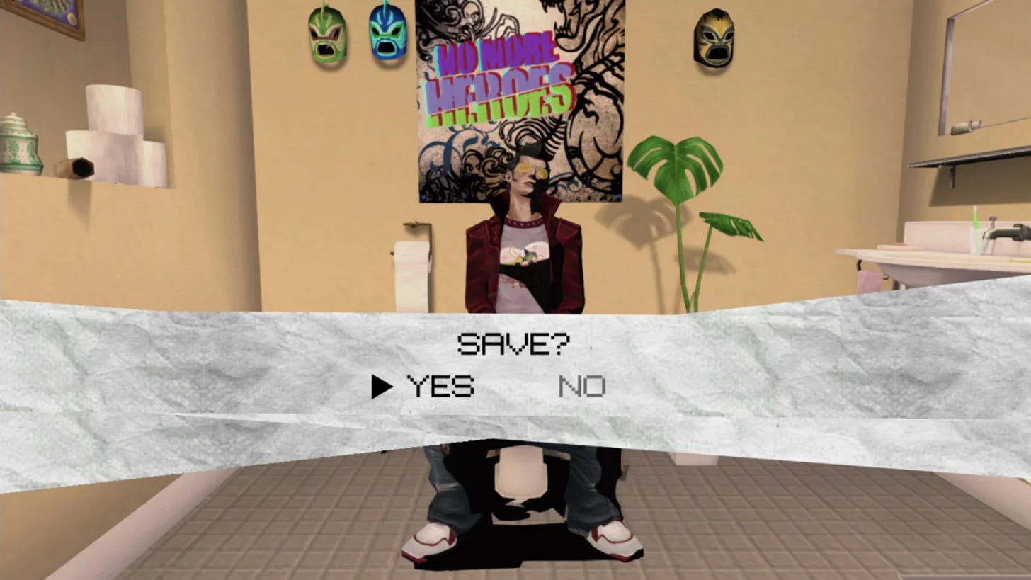 Travis sits on a toilet, a toilet paper roll across the screen obscures his private areas, reading "SAVE?"