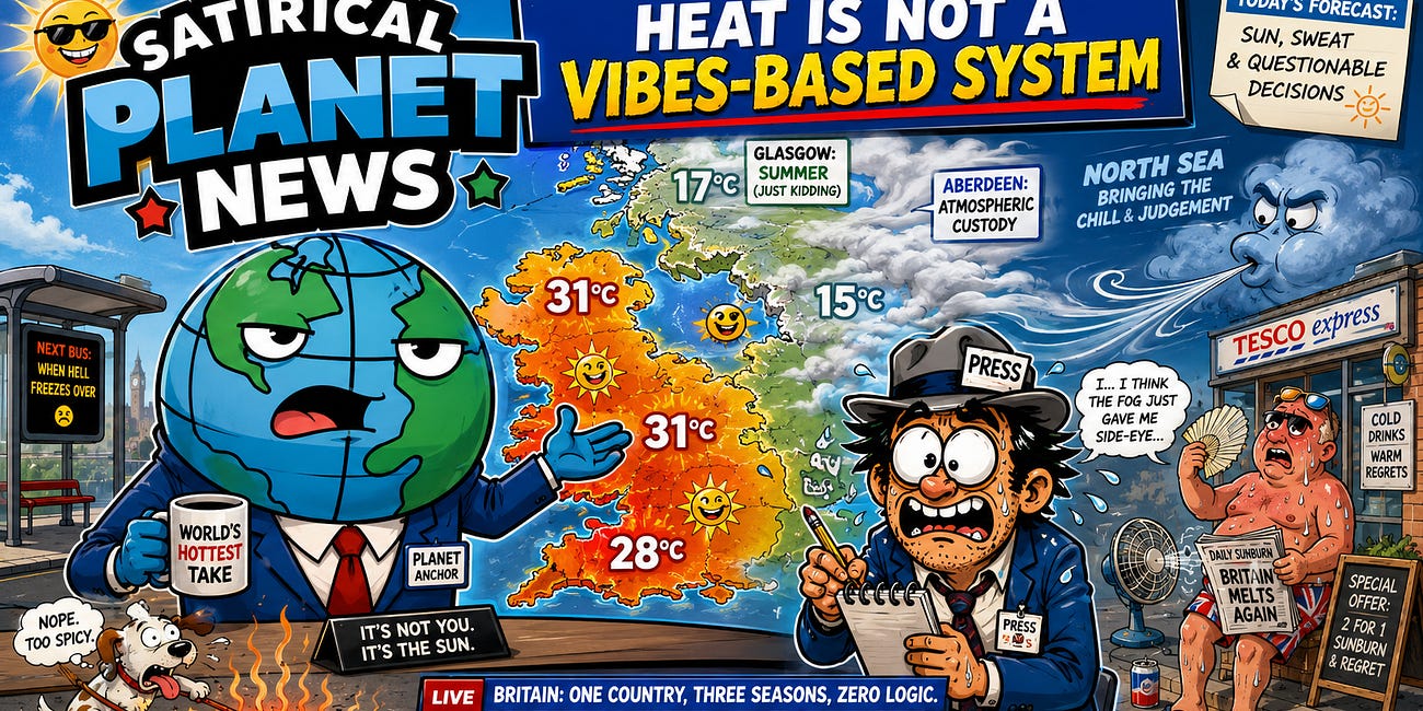 Satirical Planet News: Today’s Weather, Thursday 16 July 2026