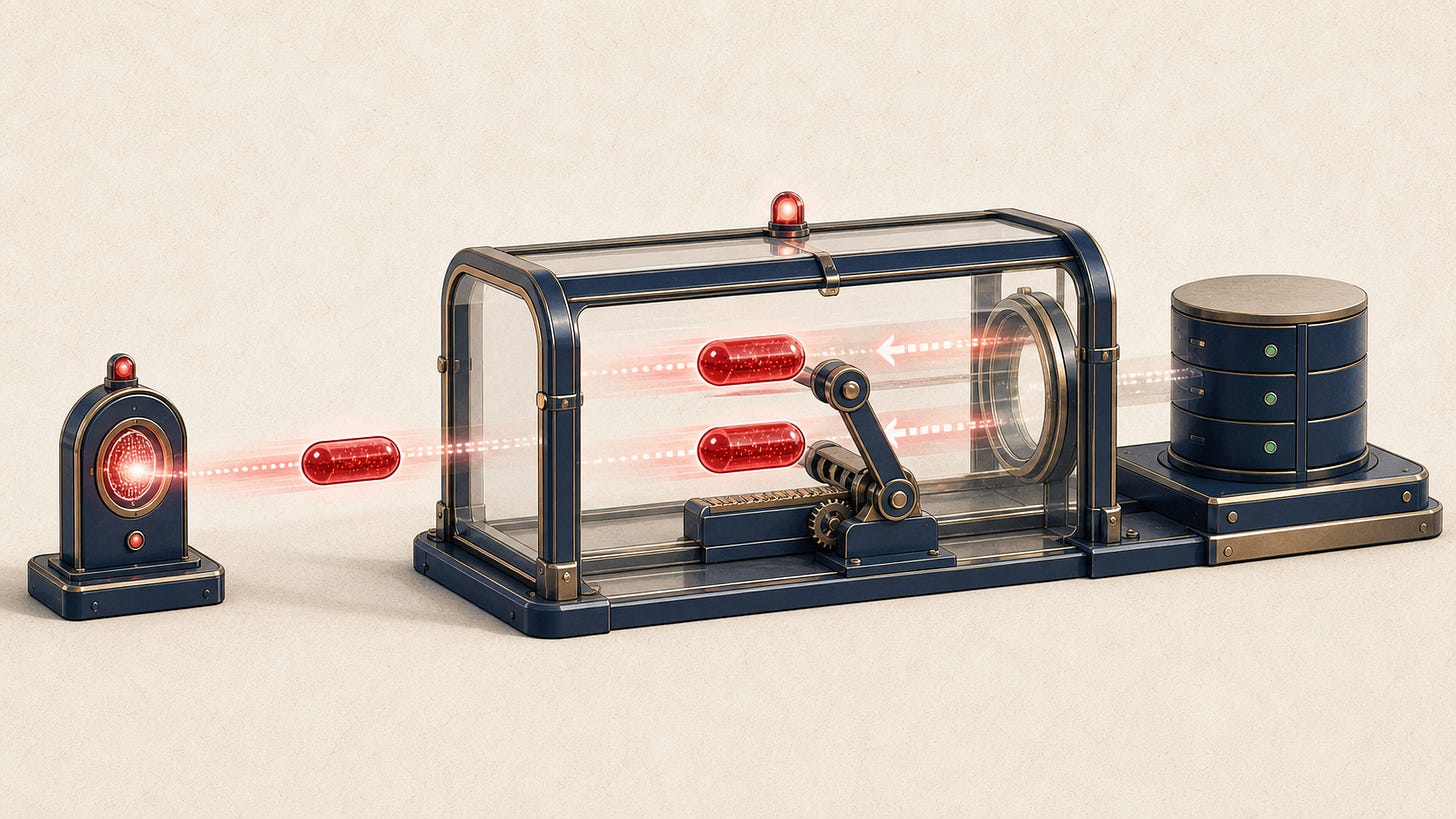 Two red data capsules reverse inside a transaction enclosure while a third signal remains active in a separate service. Two red data capsules reverse inside a transaction enclosure while a third signal remains active in a separate service.