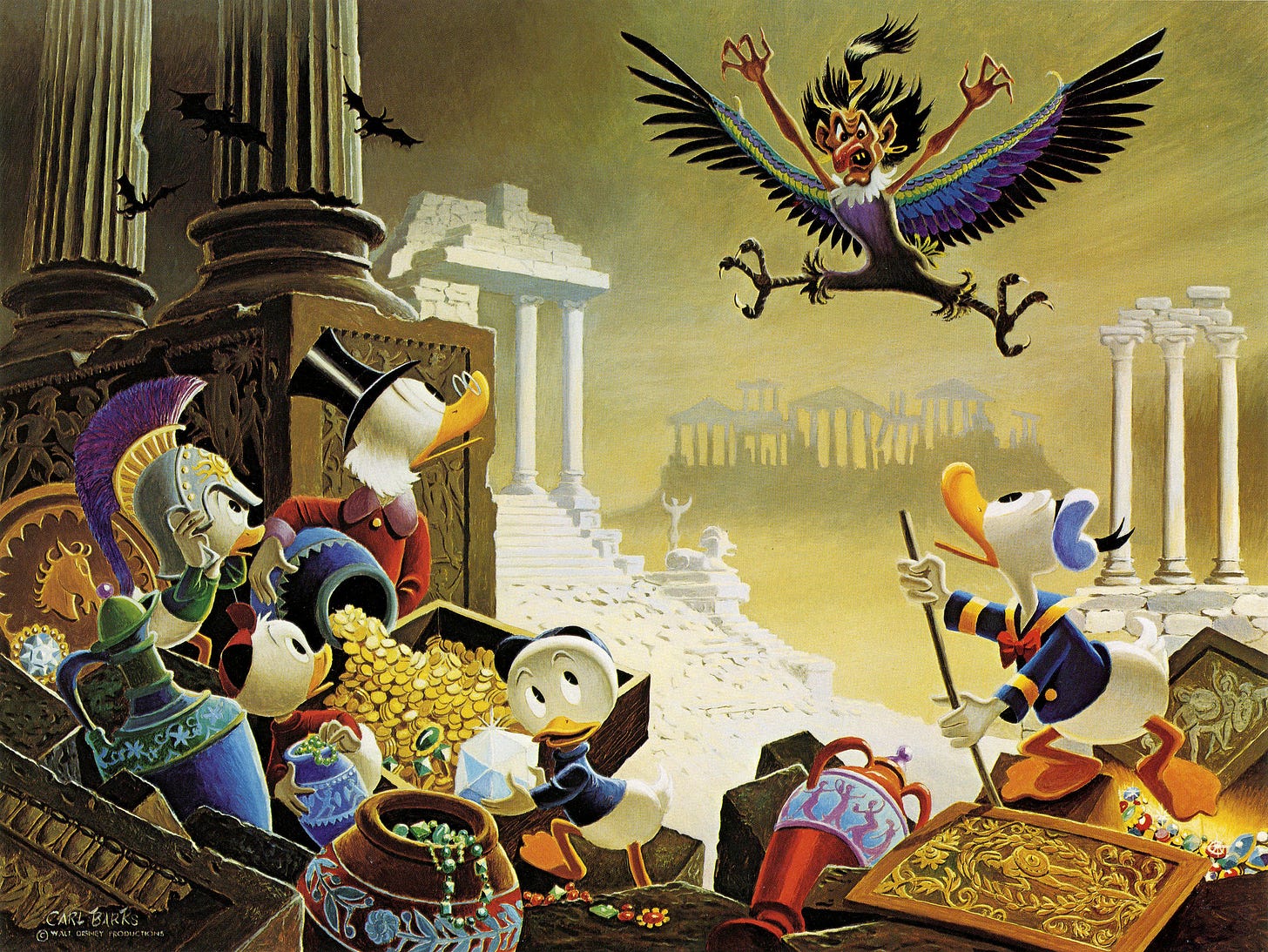 Num lugar com ruínas greco-romanas, Patinhas, Donald e os sobrinhos estão em cima de um tesouro com joias e moedas de ouro. De cima, uma harpia ataca, é uma criatura alada do tamanho deles com corpo de pássaro e cabeça e braços de mulher.