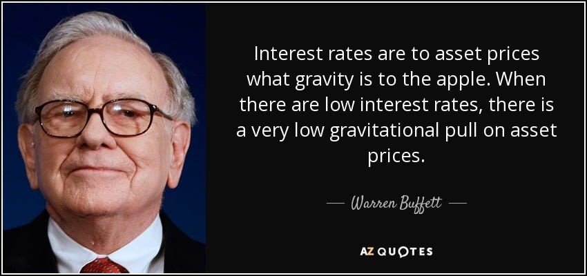 Warren Buffett quote: Interest rates are to asset prices what gravity is  to...