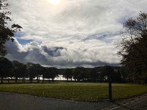 photo 1: A wide landscape view of a large grassy park with tall trees silhouetted against dramatic cloud formations and bright sunlight breaking through the sky.  photo 2: A mirror selfie of a person dressed in a colourful fairy outfit, wearing a patterned dress, a bright headscarf, green eye makeup, and translucent fairy wings. They are smiling and holding their phone in a bathroom with black speckled walls.  photo 3: A candid photo of the same person sitting in the front seat of a car, laughing with their eyes closed. They have long orange hair with purple ends, star stickers above their eyebrows, green eye makeup, and a patterned dress with thin straps.