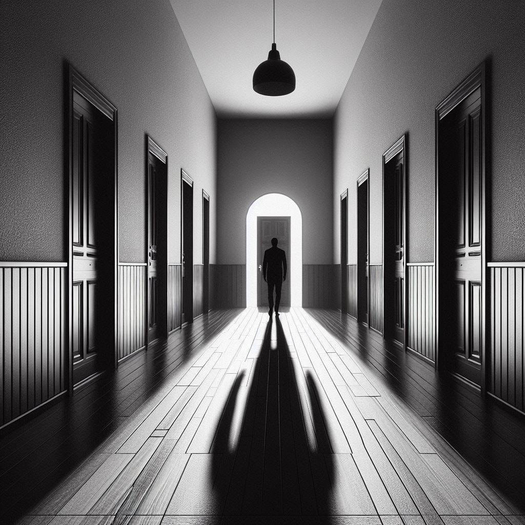 crear la imagen de una sombra negra caminando frente a una puerta por un pasillo estrecho en blanco y negro