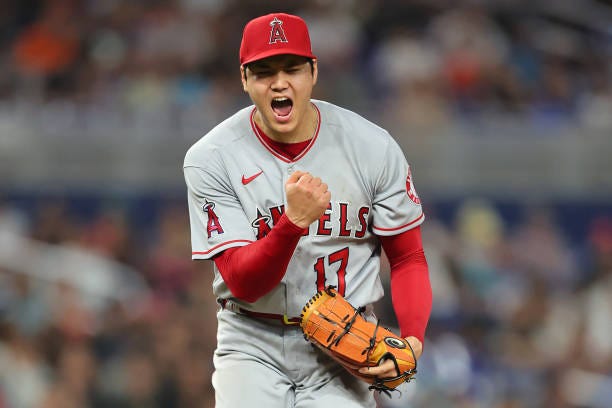 Shohei Ohtani of the Los Angeles Angels celebrates a strikeout during the seventh inning against the Miami Marlins at loanDepot park on July 06, 2022...