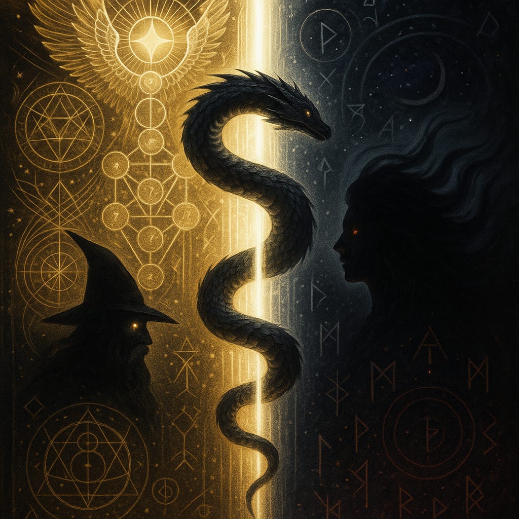 Symbolic art of a shining world axis uniting light and shadow, with Odin and Lilith flanking a coiled dragon, representing the integration of angelic and demonic currents for the 11/11 Portal