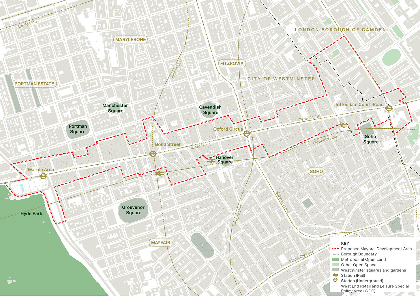 Map showing extent of the proposed Oxford Street Mayoral Development Area.