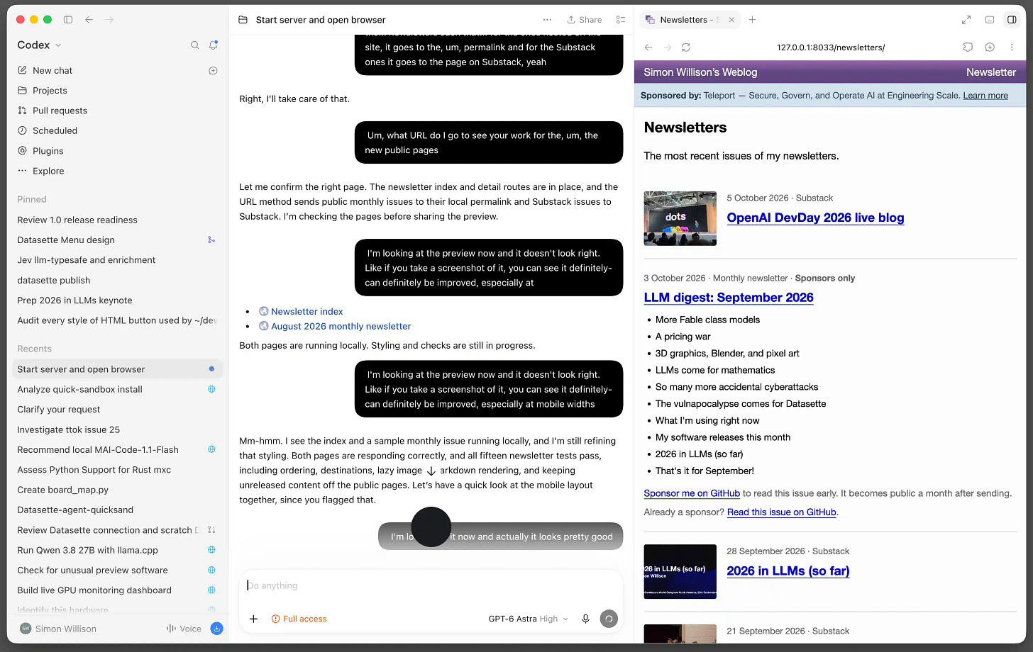 Three columns of the ChatGPT app. The left hand column shows my recent conversations. The middle column is a transcript of the conversation, with a throbbing black blob representing voice mode. The right hand column shows a local dev server version of my blog, with the Newsletters page visible.