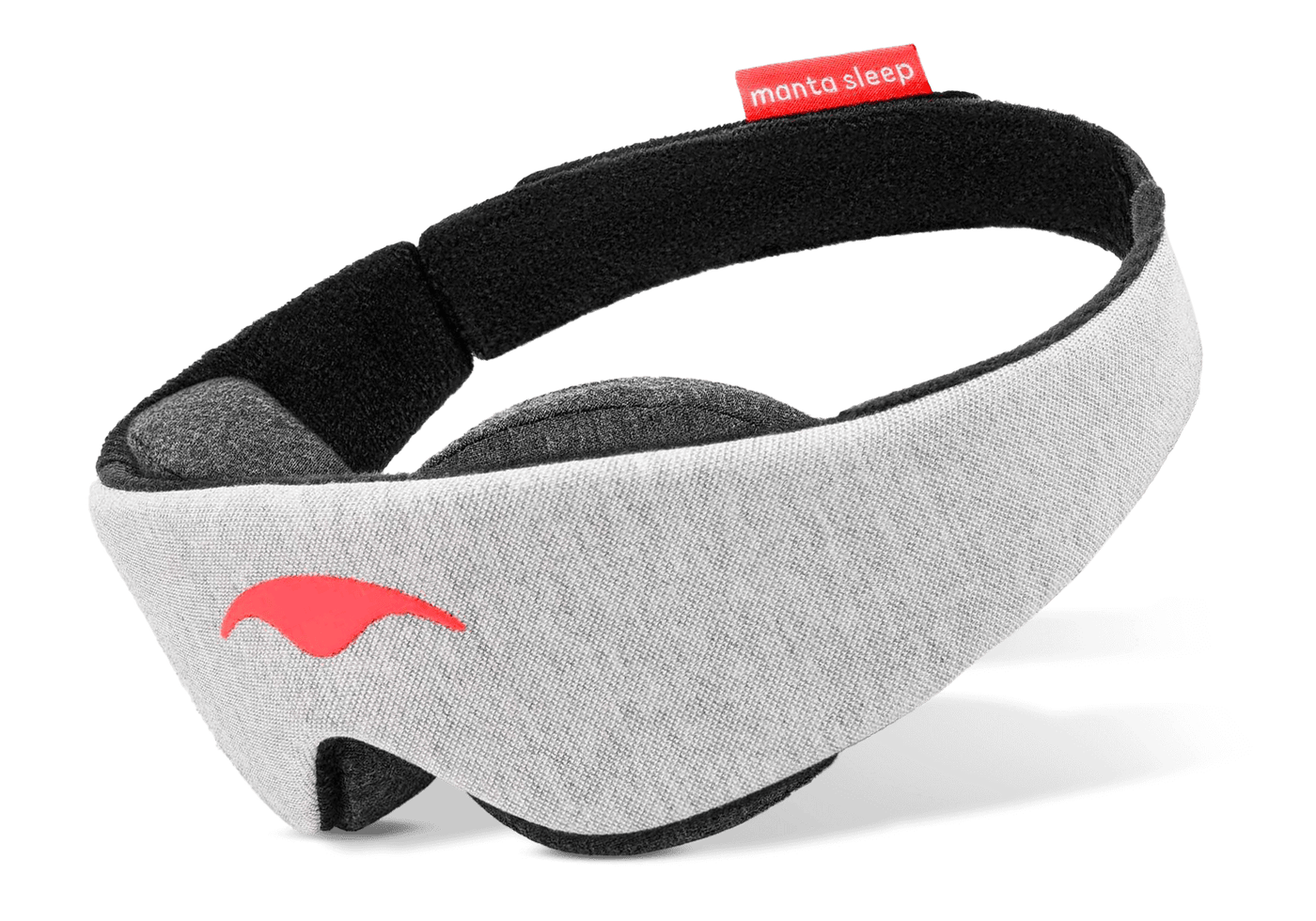 Three-quarter view of a grey Manta Sleep Mask Classic on a white background, featuring a bright red Manta Sleep logo and tag.