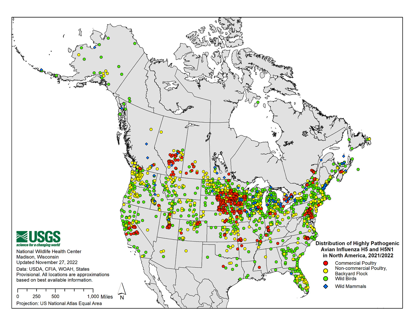 showing current distribution of Highly Pathogenic Avian Influenza virus detections.