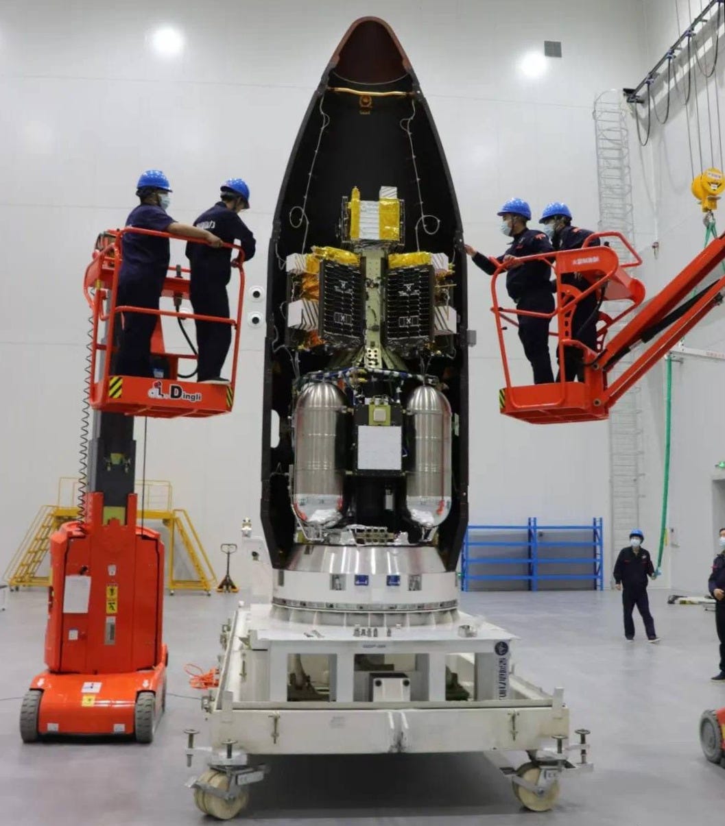 The four Tianqi satellites in Ceres-1S’ fairing prior to integration on the launch vehicle. The four Tianqi satellites in Ceres-1S’ fairing prior to integration on the launch vehicle.
