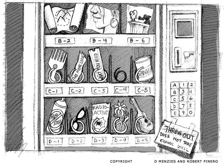 An illustration of a broken vending machine, with a sign that says "throw out, does not take change well" scratched out. The slots for the vending machine include items like a map navigating through mountains, drawing of a woman's smile, drawing of a dejected heart looking over a cliff as someone tries to grab it, a blowout comb, a paper that says "no more lone..." and is subsequently broken off ... a ticket to "what you need," anti-hipster spray, a small guitar, and a wilted flower.