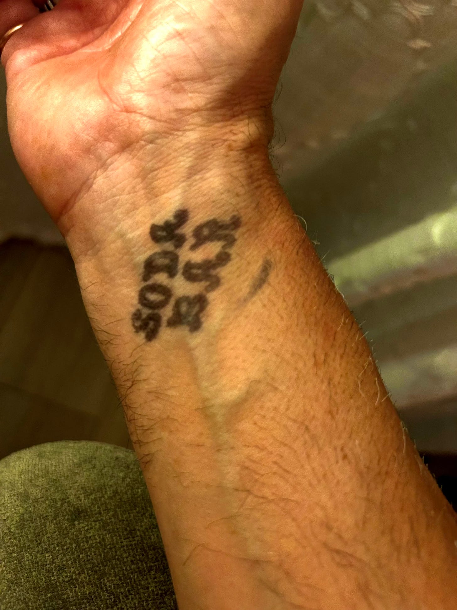 Faux Jean's arm revealing a stamp that says "SODA BAR," proving that he had been in public yesterday. 