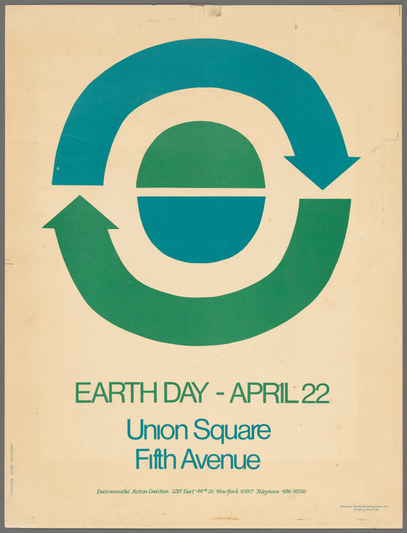 yellowed poster with blue and green arrows in a circle, and text below that reads: "Earth Day - April 22 / Union Square / Fifth Avenue"