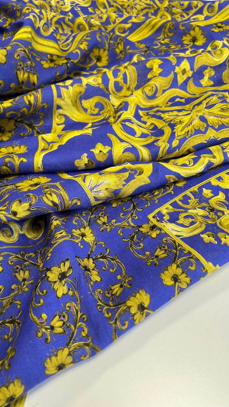 Italian linen fabric, designer fabric with very elegant print, in majolica style, high quality, color: purple with money gold image 1